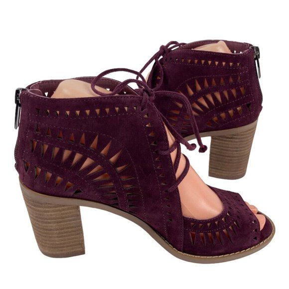 *Vince Camuto Tarita Cut Out Lace Up Burgundy Suede Open Toe Heel Bootie Size 6 - Picture 6 of 16